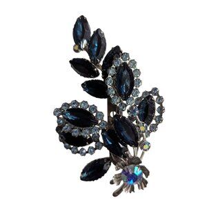 Vtg‎ Blue Rhinestone Leaf Brooch Silver Tone Marquise Cut Spray Cocktail Jewelry